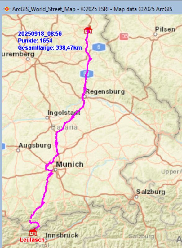Fahrstrecke Windischeschenbach − Leutach Tirol am 18.09. 2025
